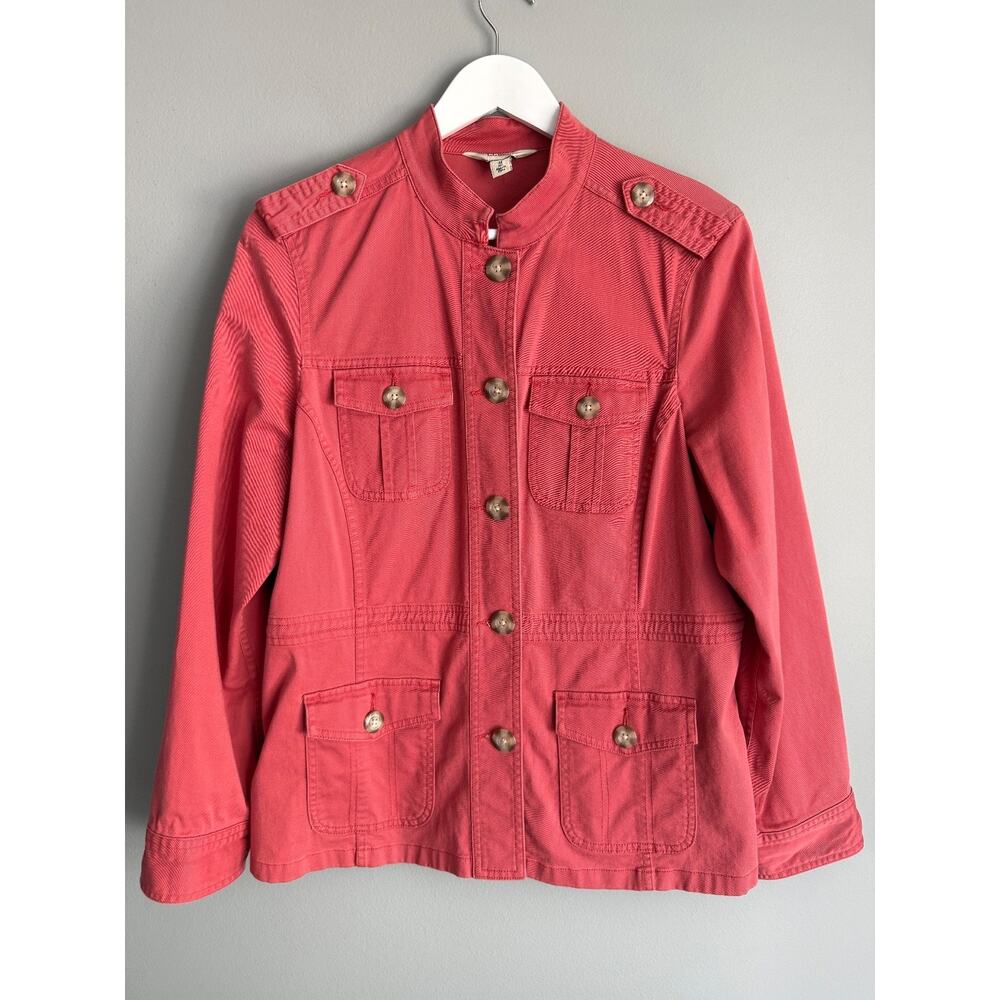 L.L. Bean Women's M Military Safari Jacket Coral Cotton Stretch Button Front